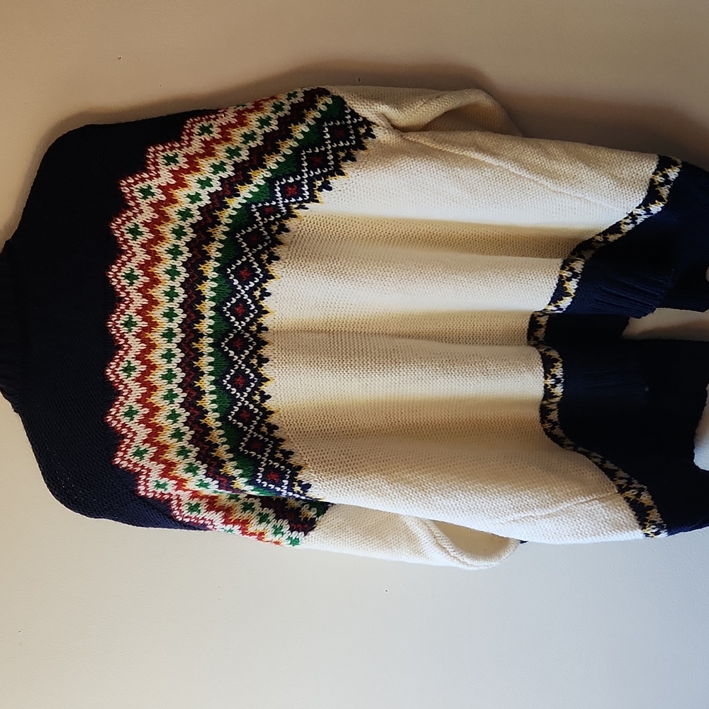 American Eagle Fair Isle Cardigan Chunky Knit Cream Navy Pockets, Size Xxl - Picture 9 of 12